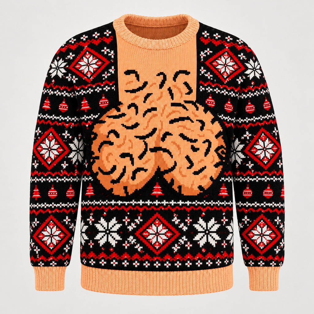 Black & Red ugly Christmas sweater, front view