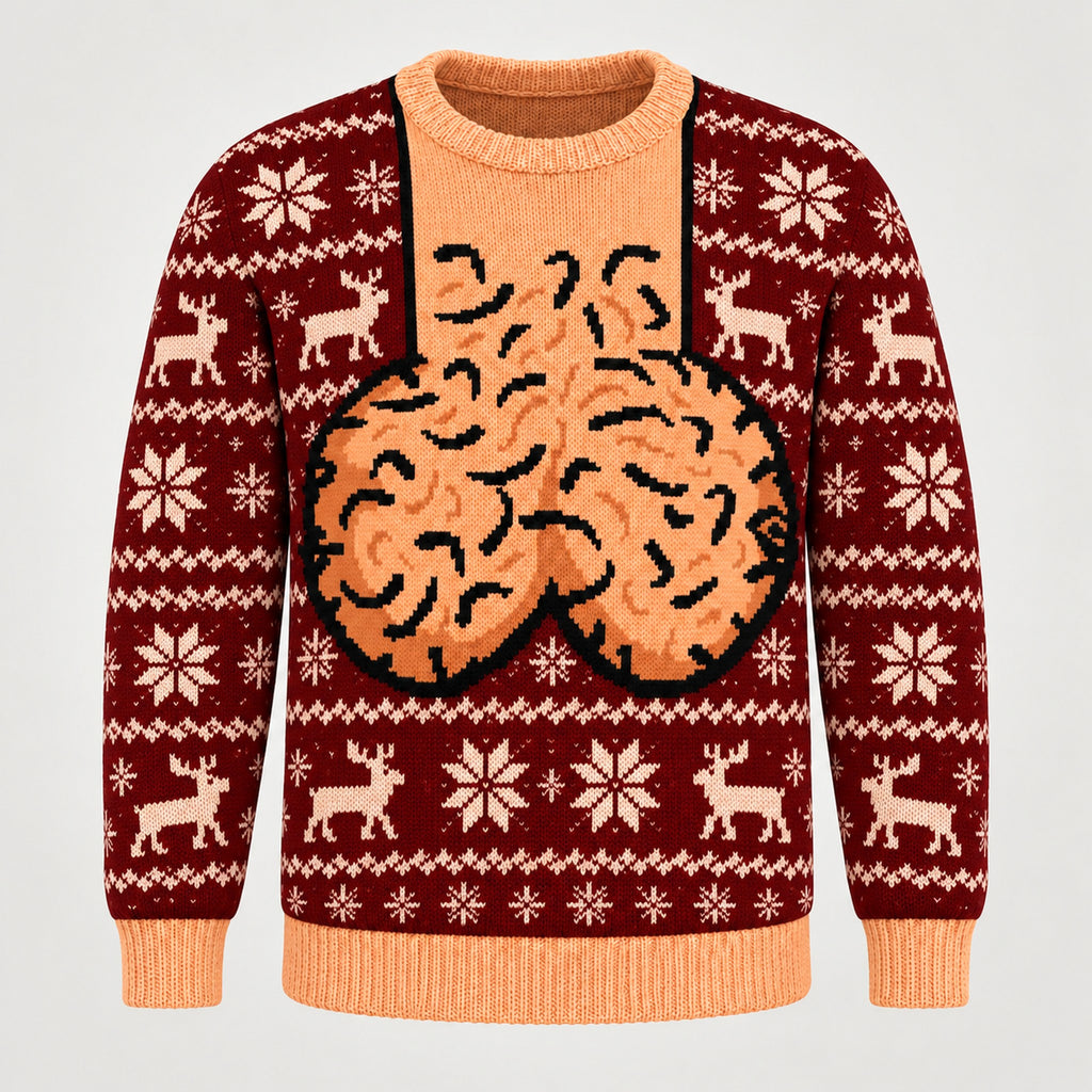 Burgundy Reindeer ugly Christmas sweater, front view
