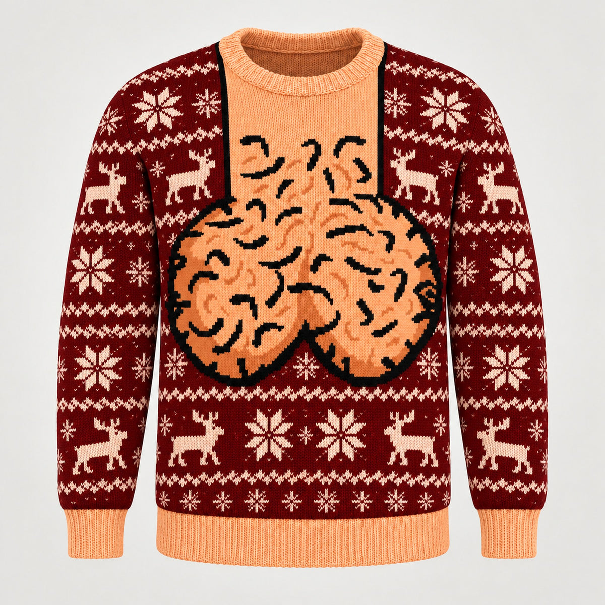 Burgundy Reindeer ugly Christmas sweater, front view