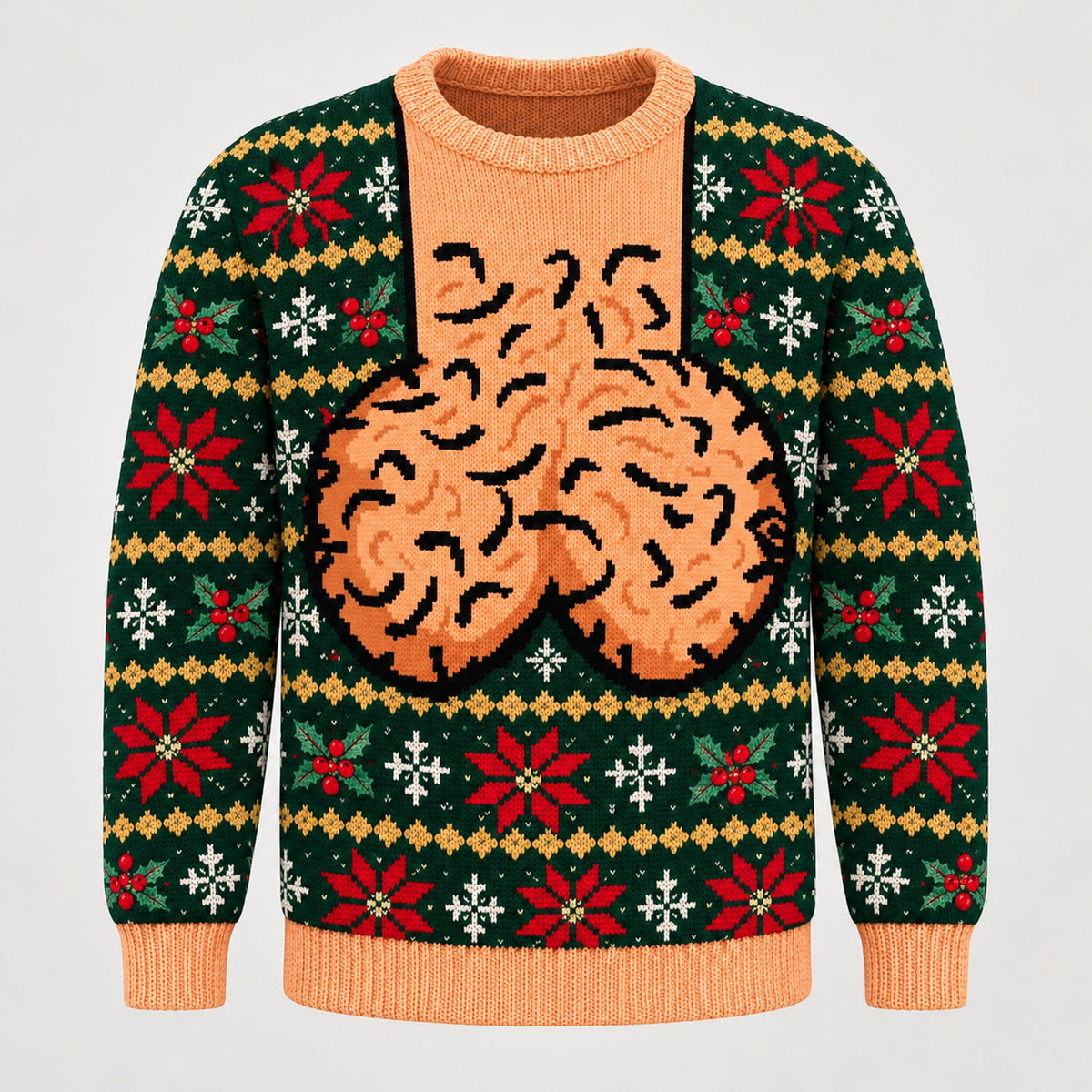 Green Poinsettia ugly Christmas sweater, front view