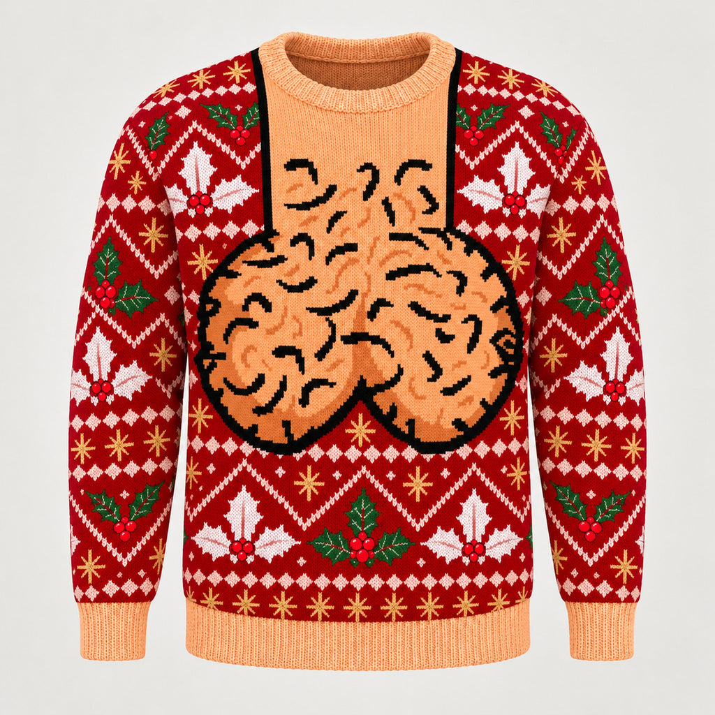 Red Holly ugly Christmas sweater, front view