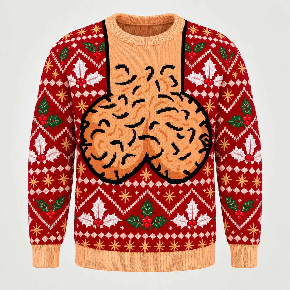 Red Holly ugly Christmas sweater, front view