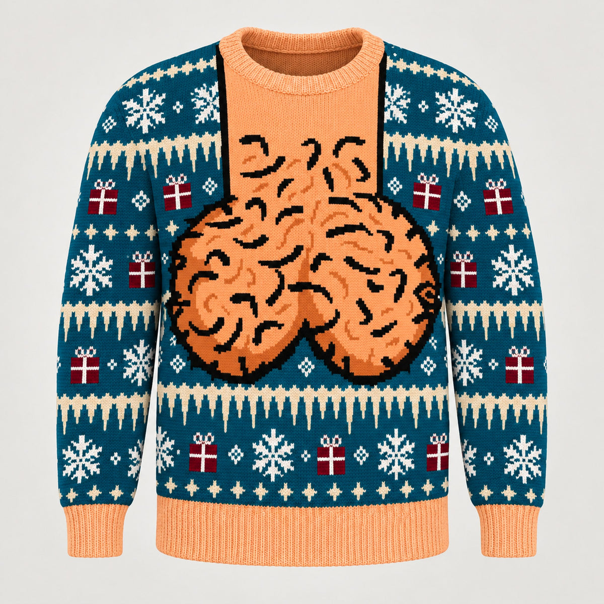 Teal Gifts ugly Christmas sweater, front view