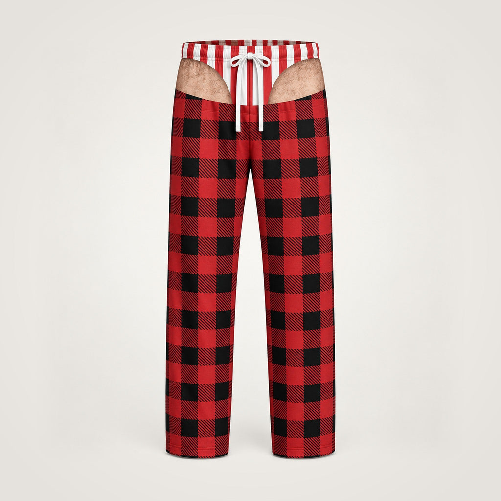 Men's funny underwear print pajama pants, red buffalo plaid with candy stripe waistband, front