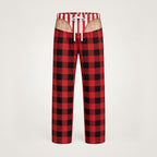 Men's funny underwear print pajama pants, red buffalo plaid with candy stripe waistband, front