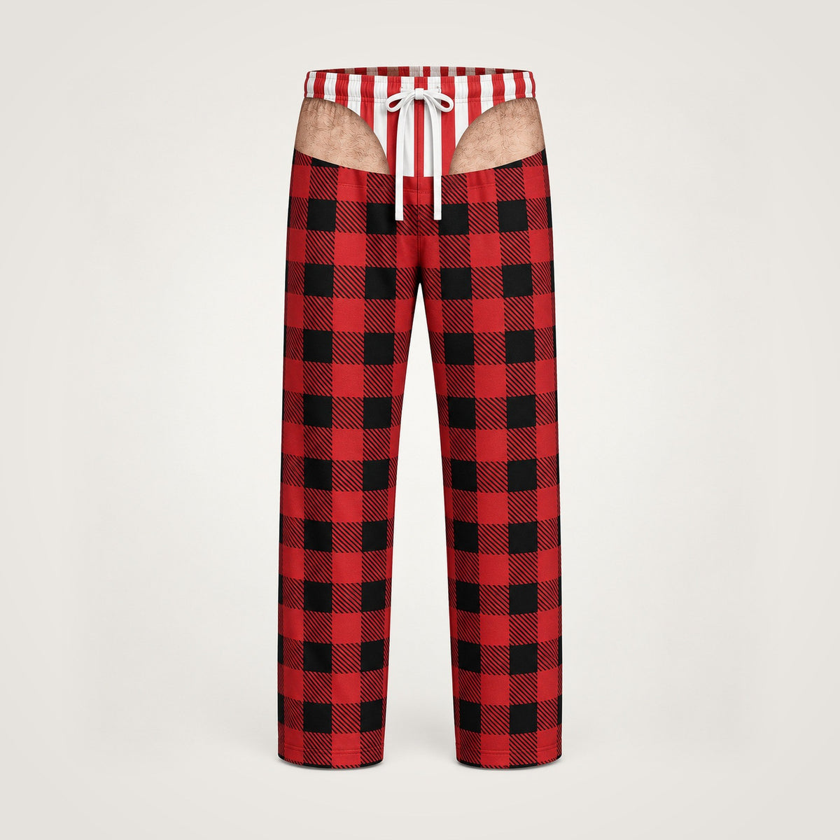 Men's funny underwear print pajama pants, red buffalo plaid with candy stripe waistband, front
