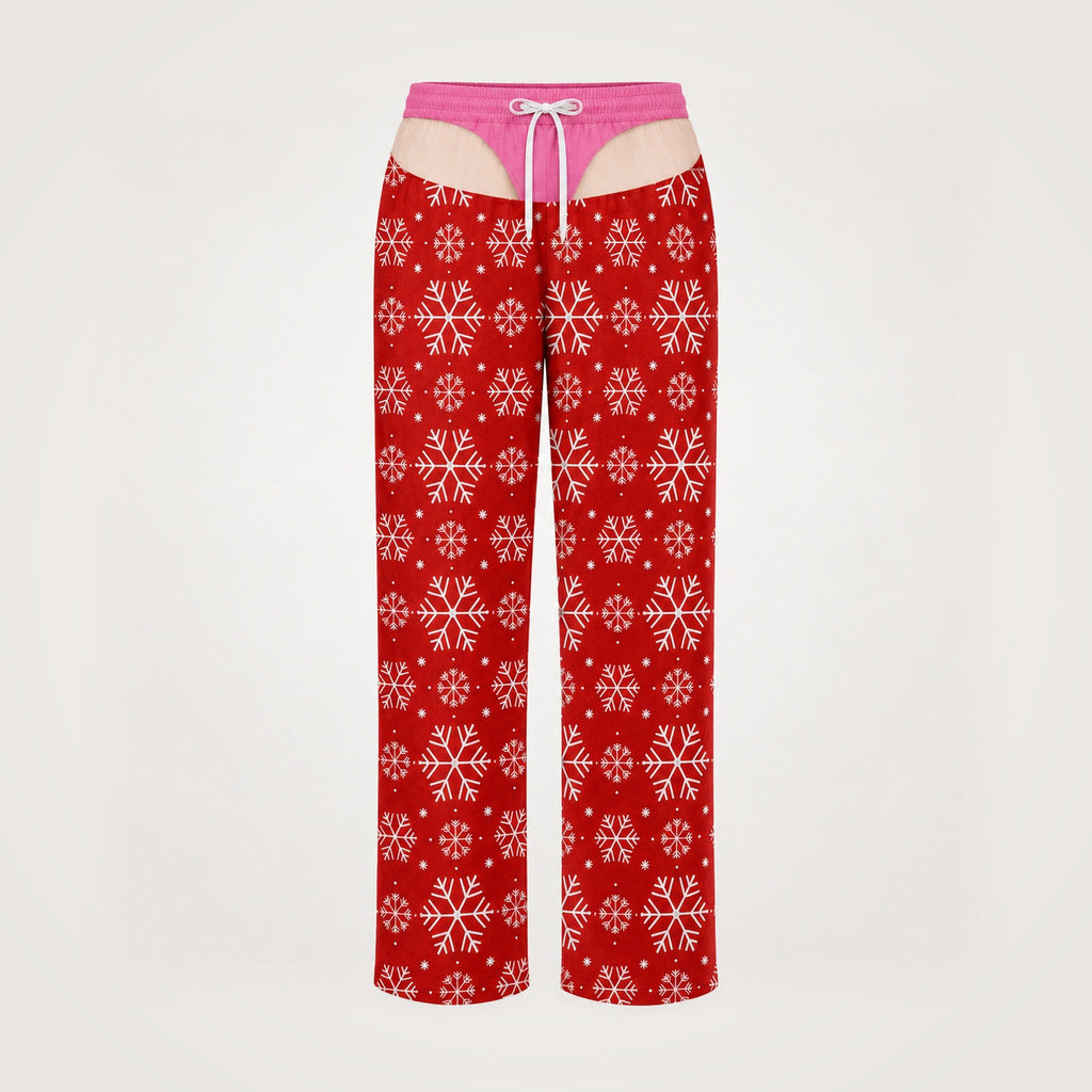 Women's funny underwear print pajama pants, red snowflake with pink waistband, front