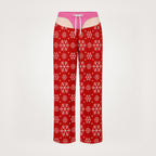 Women's funny underwear print pajama pants, red snowflake with pink waistband, front