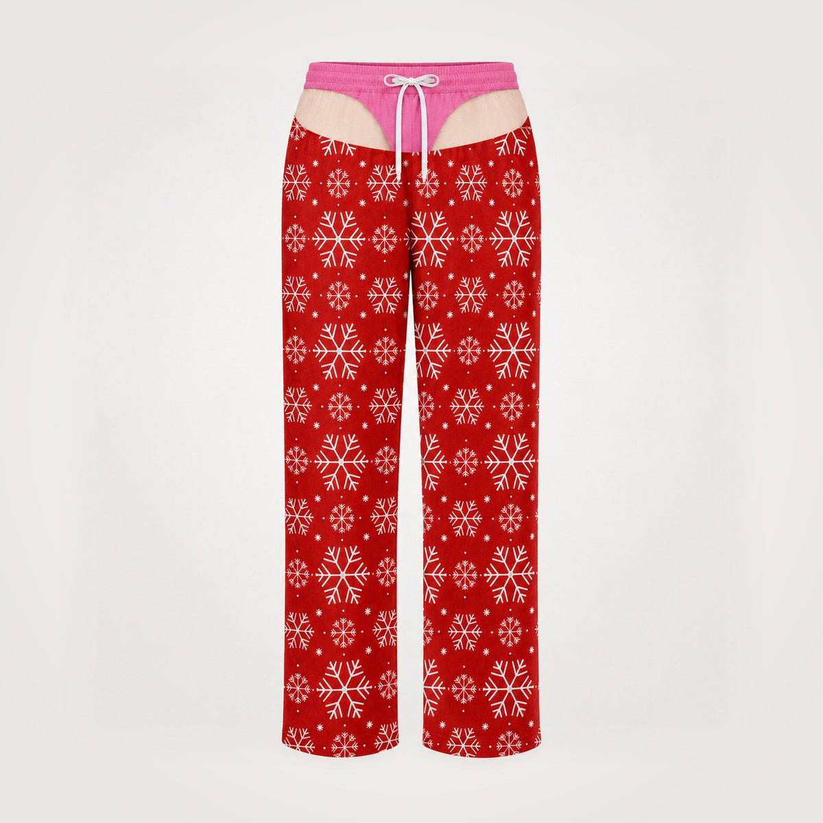 Women's funny underwear print pajama pants, red snowflake with pink waistband, front