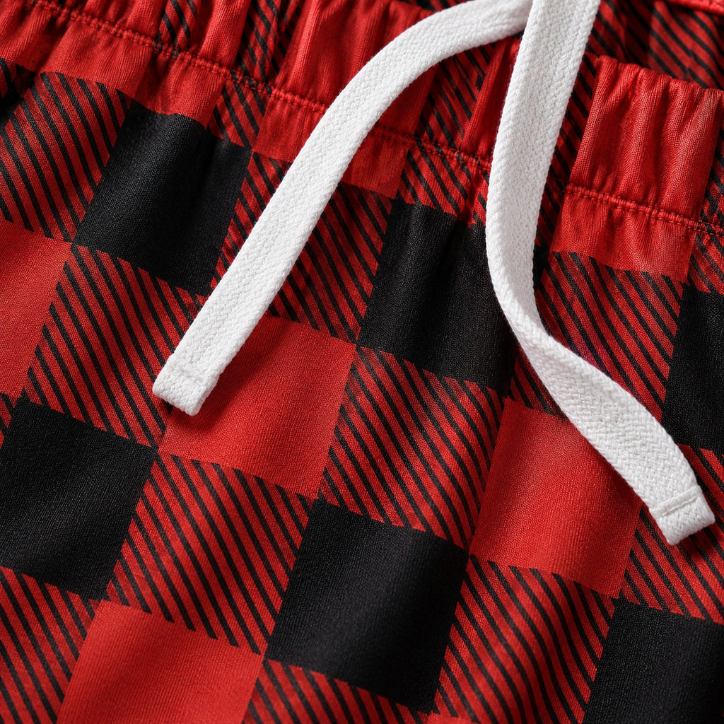 Red buffalo plaid jersey fabric and drawstring close-up
