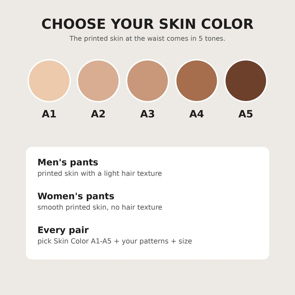 Skin color chart A1 to A5