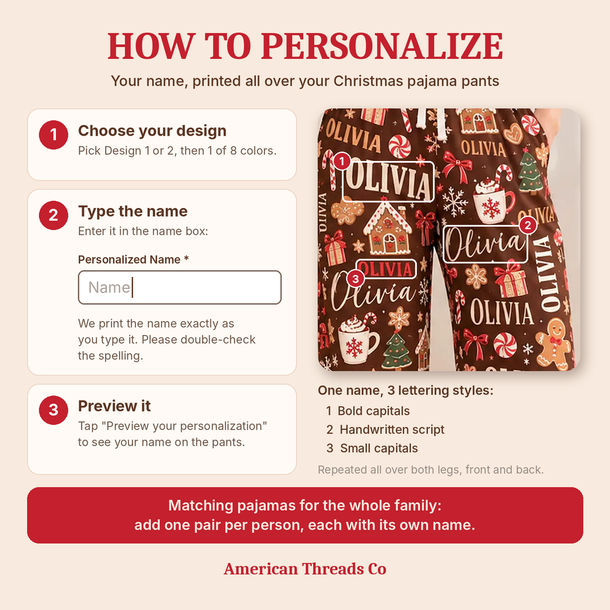 How to personalize: choose Design 1 or 2 and a color, type the name, preview it