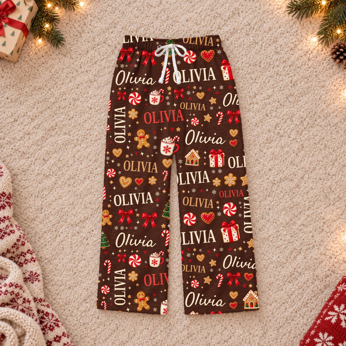 Custom name Christmas pajama pants, Design 1, Brown