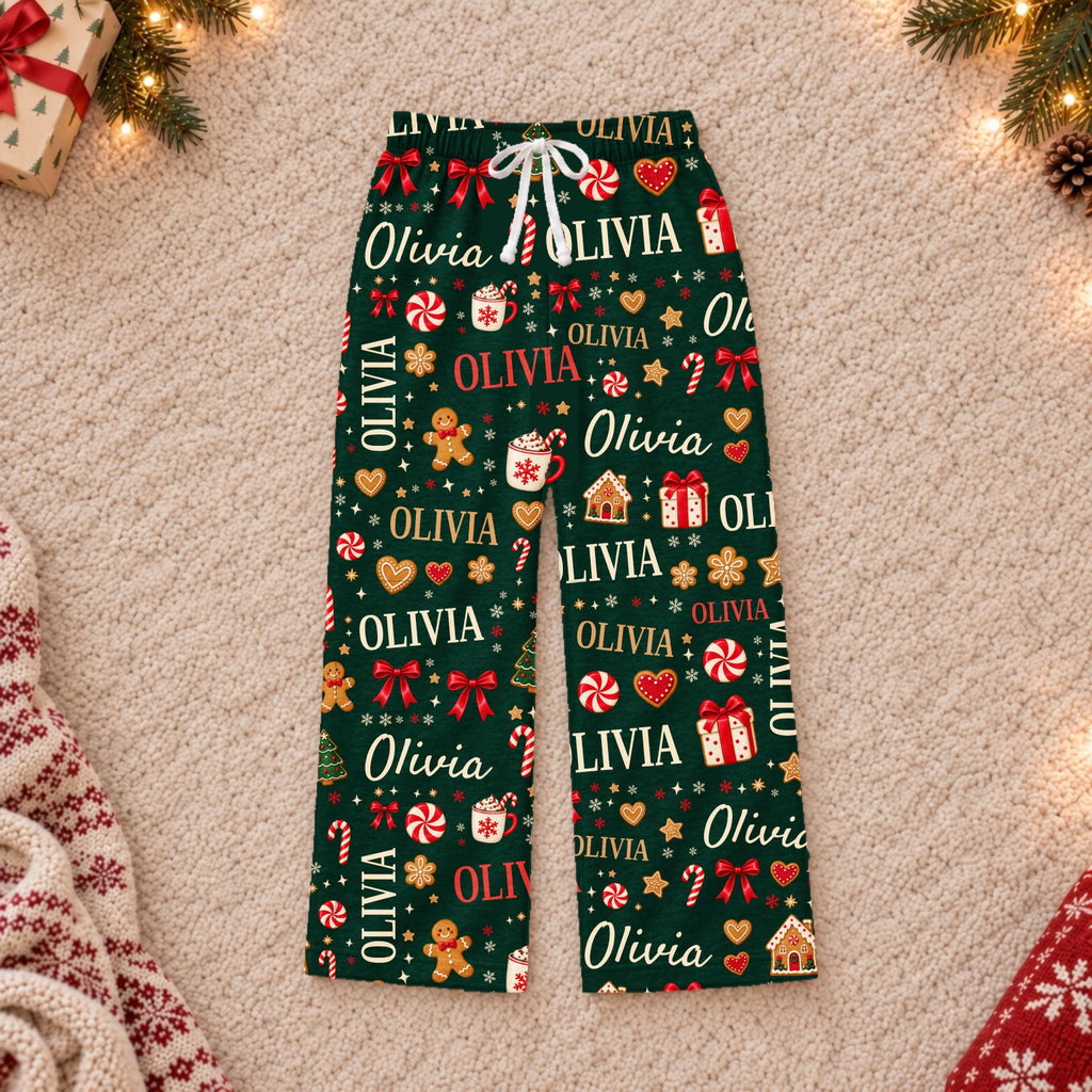 Custom name Christmas pajama pants, Design 1, Green