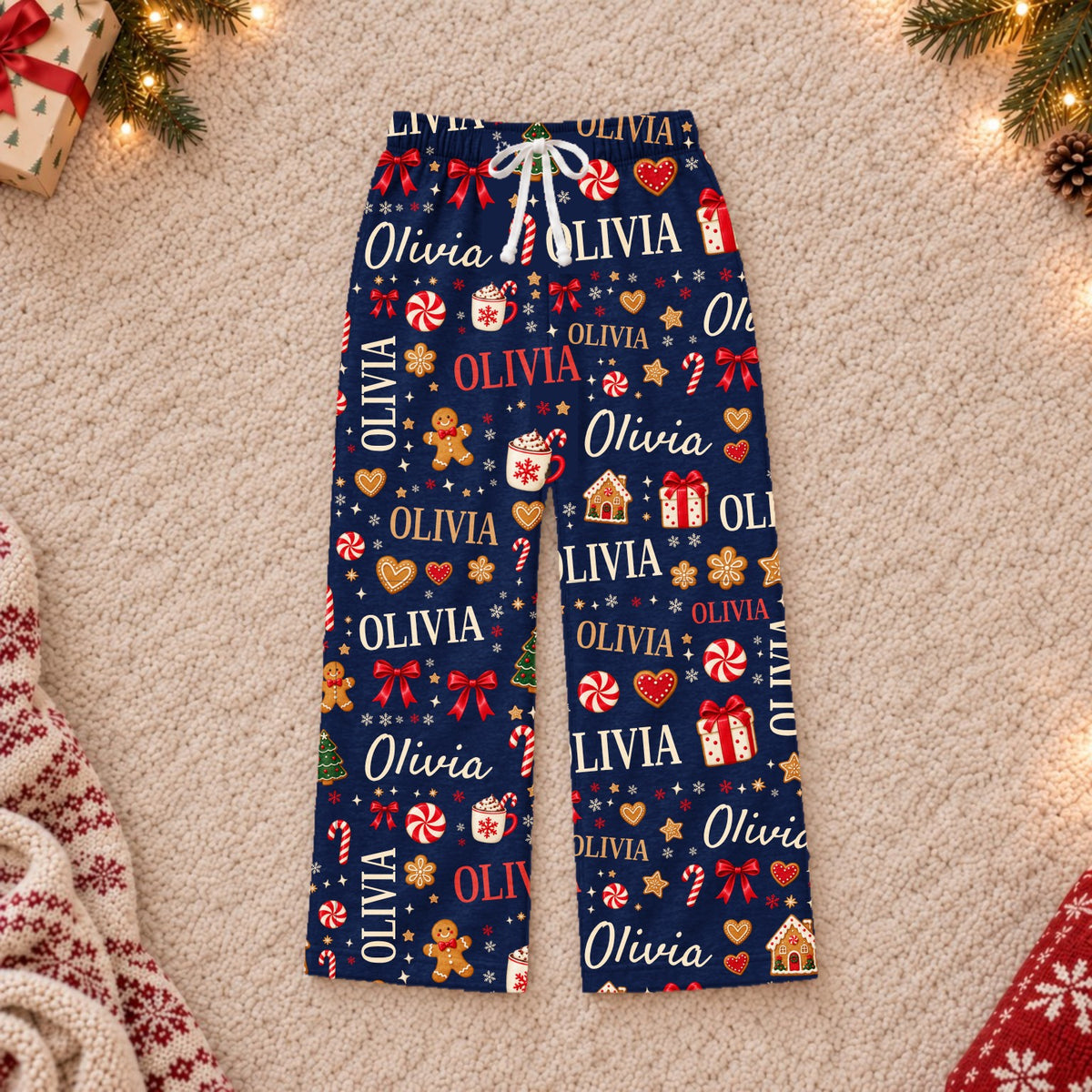 Custom name Christmas pajama pants, Design 1, Navy