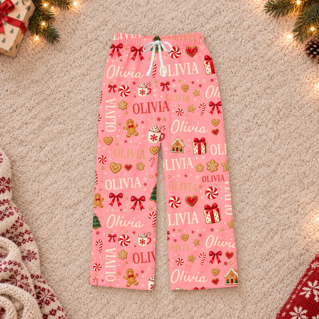 Custom name Christmas pajama pants, Design 1, Pink
