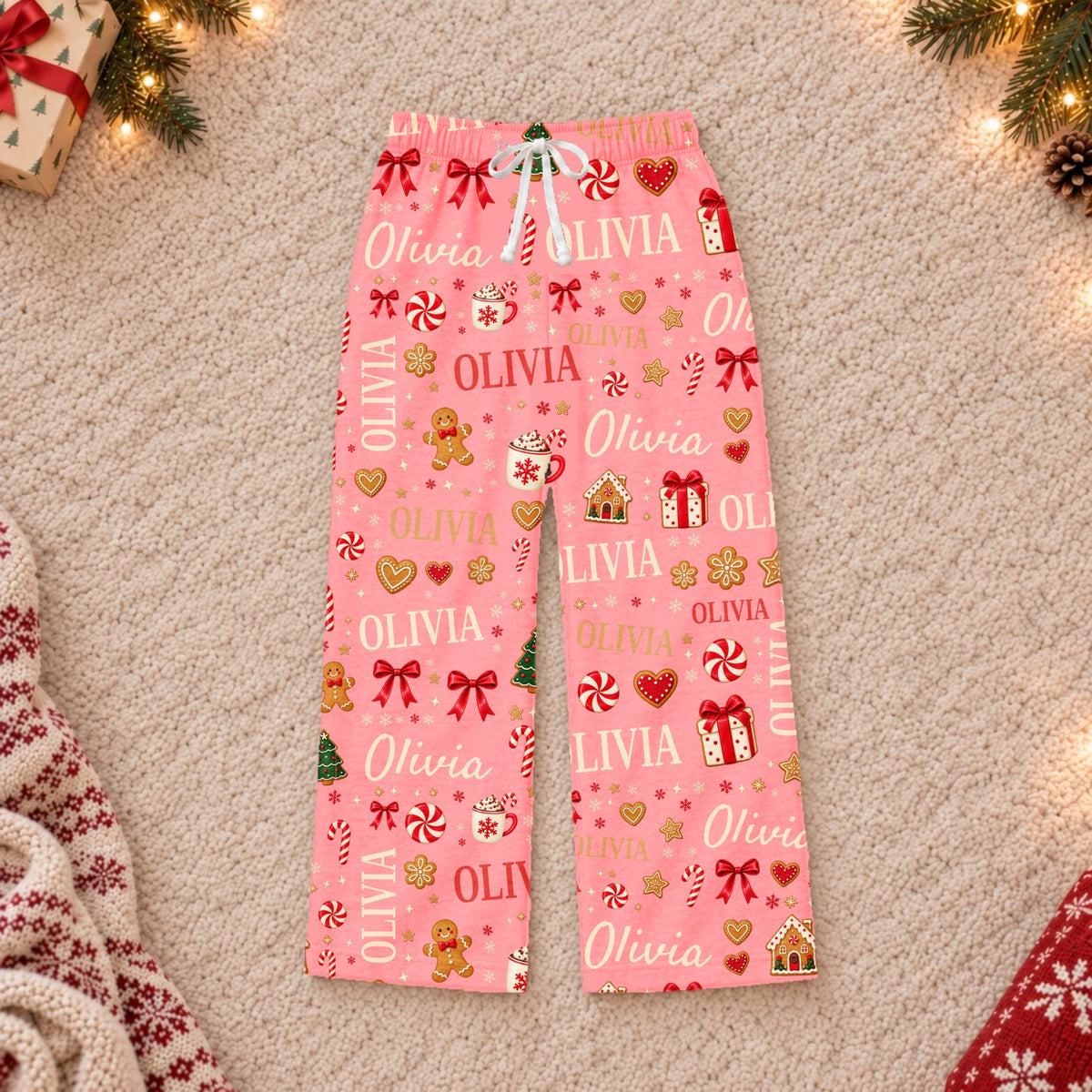 Custom name Christmas pajama pants, Design 1, Pink