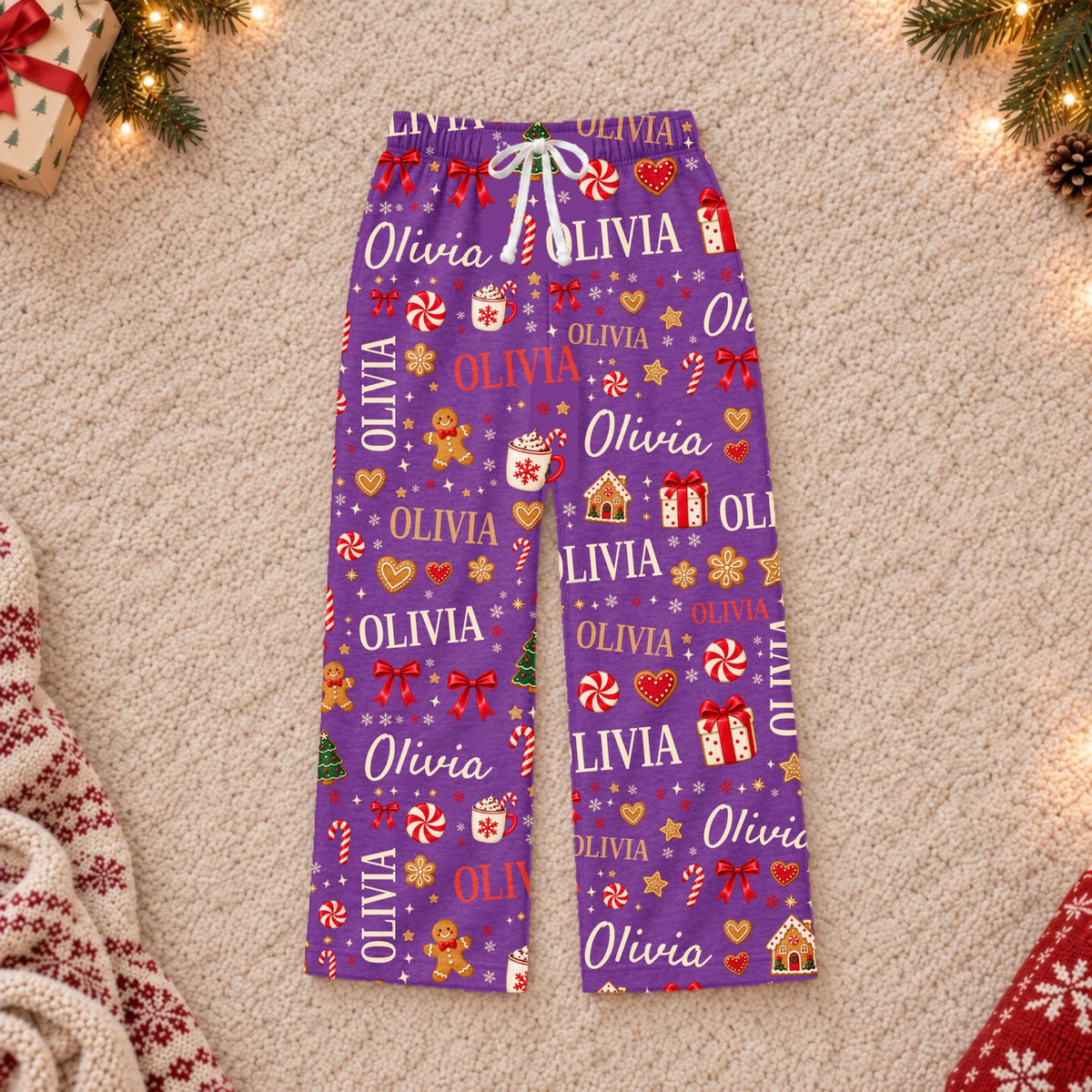 Custom name Christmas pajama pants, Design 1, Purple