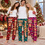 Matching gingerbread Christmas pajama pants with custom names, Design 1 red, Design 2 teal, Design 3 pink buffalo plaid