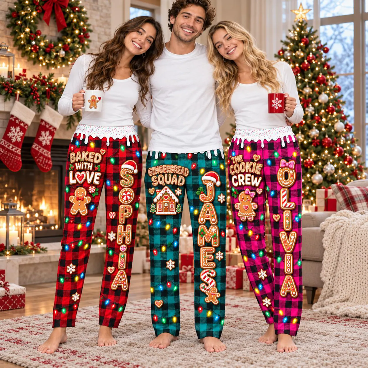 Matching gingerbread Christmas pajama pants with custom names, Design 1 red, Design 2 teal, Design 3 pink buffalo plaid