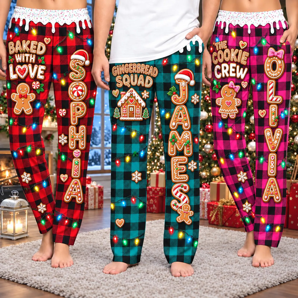 Close-up of personalized gingerbread name pajama pants, Design 1, 2 and 3