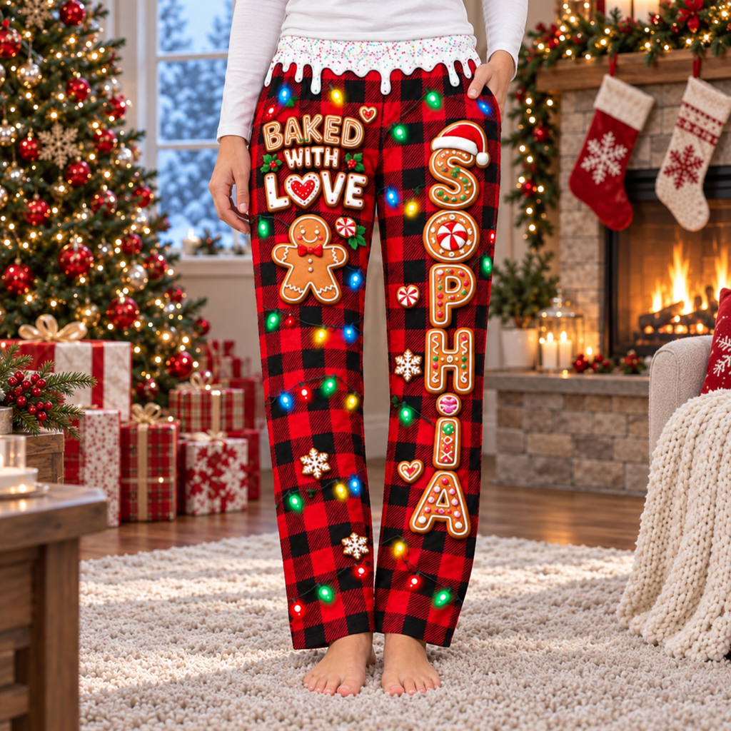 Design 1 red buffalo plaid gingerbread pajama pants with custom name