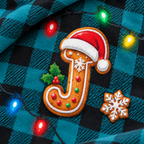 Close-up of the soft buffalo plaid fabric with a gingerbread letter print