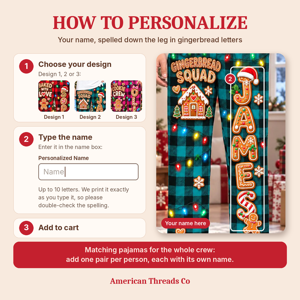 How to personalize: choose Design 1, 2 or 3, type the name, add to cart