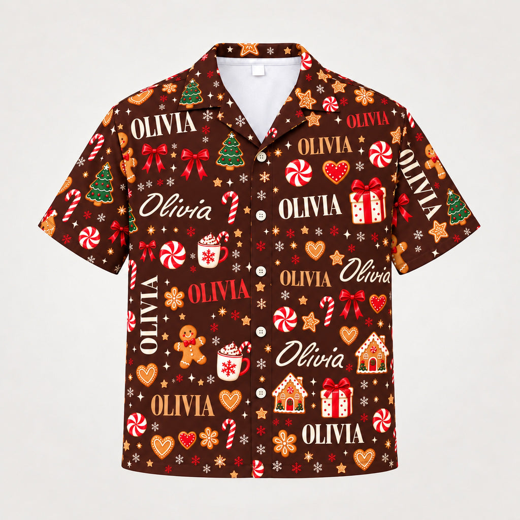 Design 1 custom name Christmas Hawaiian shirt, brown, front