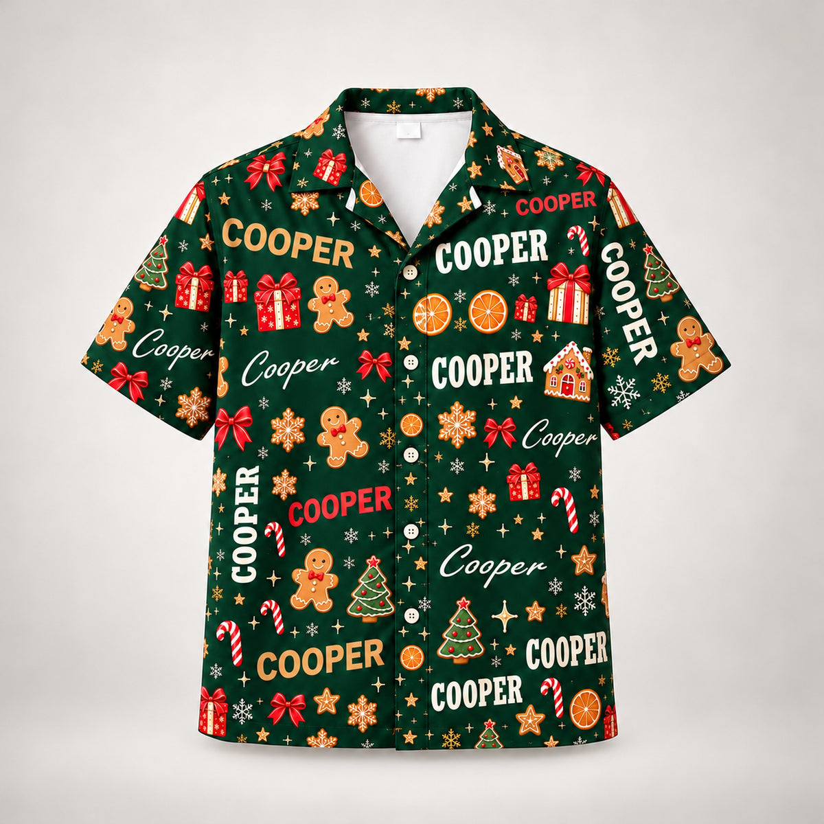 Design 2 custom name Christmas Hawaiian shirt, green, front