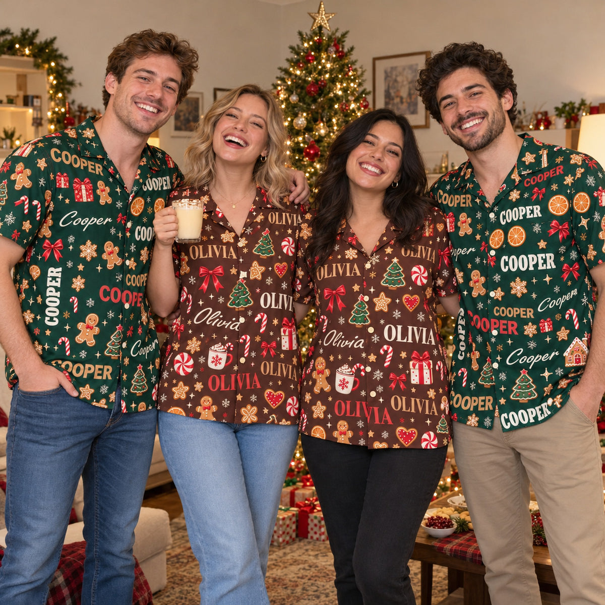 Friends in matching custom name Christmas Hawaiian shirts