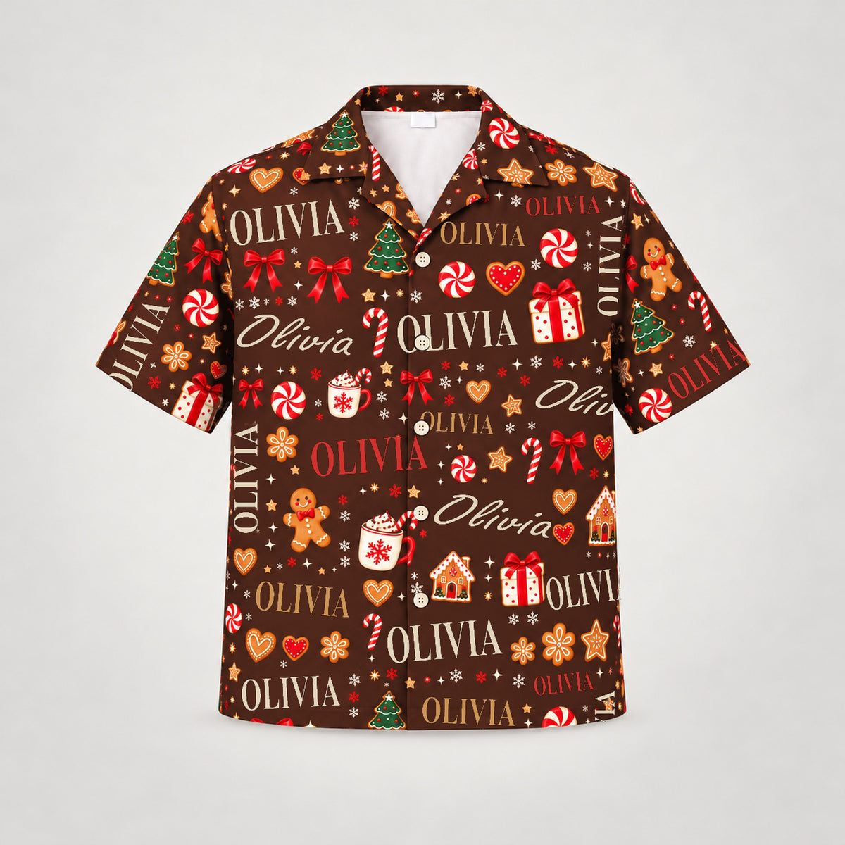 Design 1 Brown, custom name Christmas Hawaiian shirt (sample name OLIVIA)