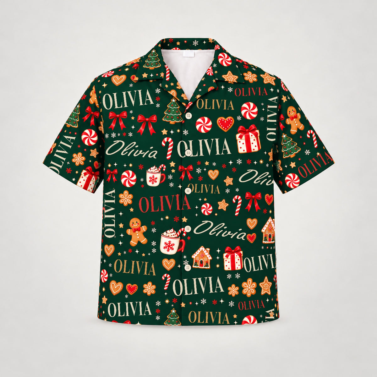 Design 1 Green, custom name Christmas Hawaiian shirt (sample name OLIVIA)