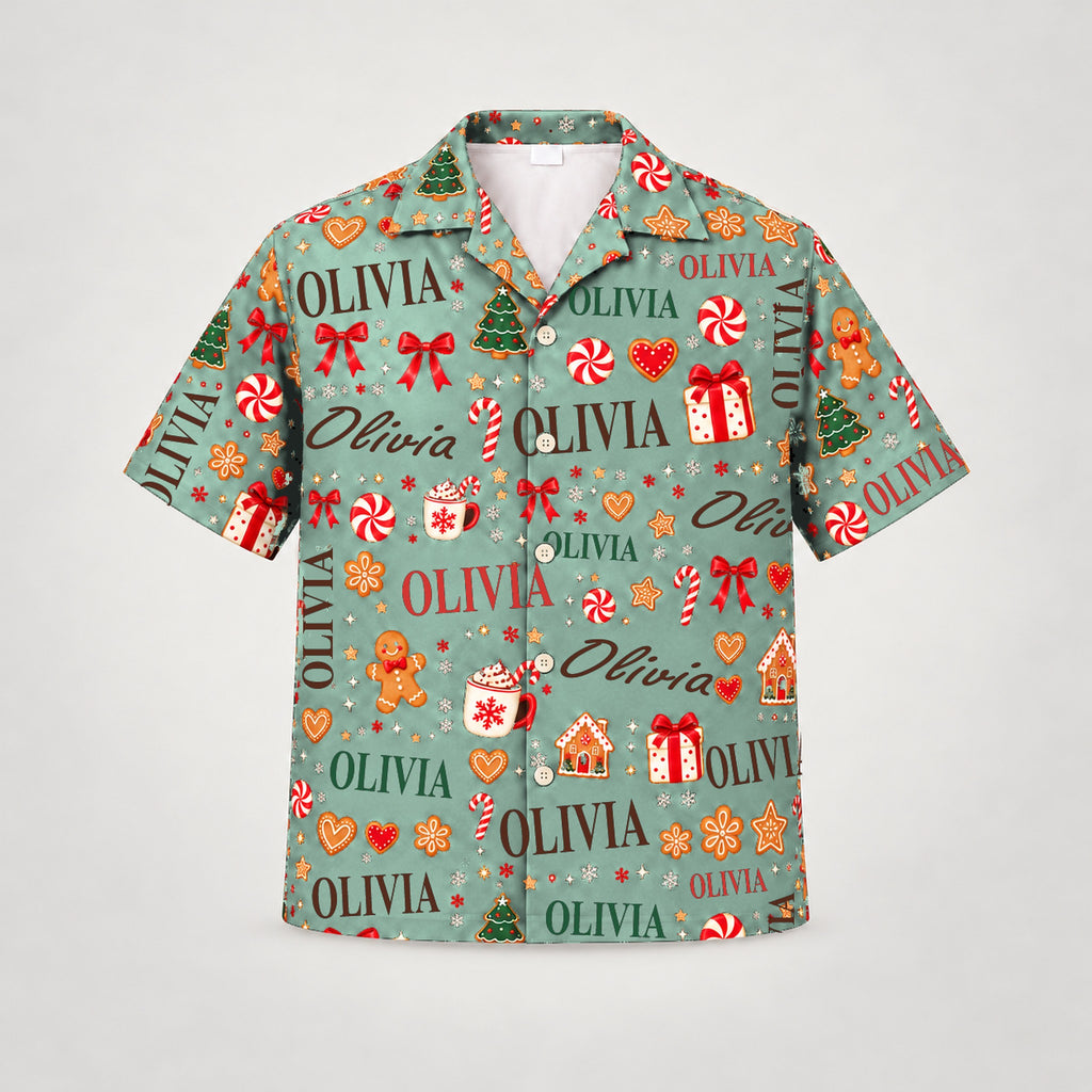 Design 1 Mint, custom name Christmas Hawaiian shirt (sample name OLIVIA)