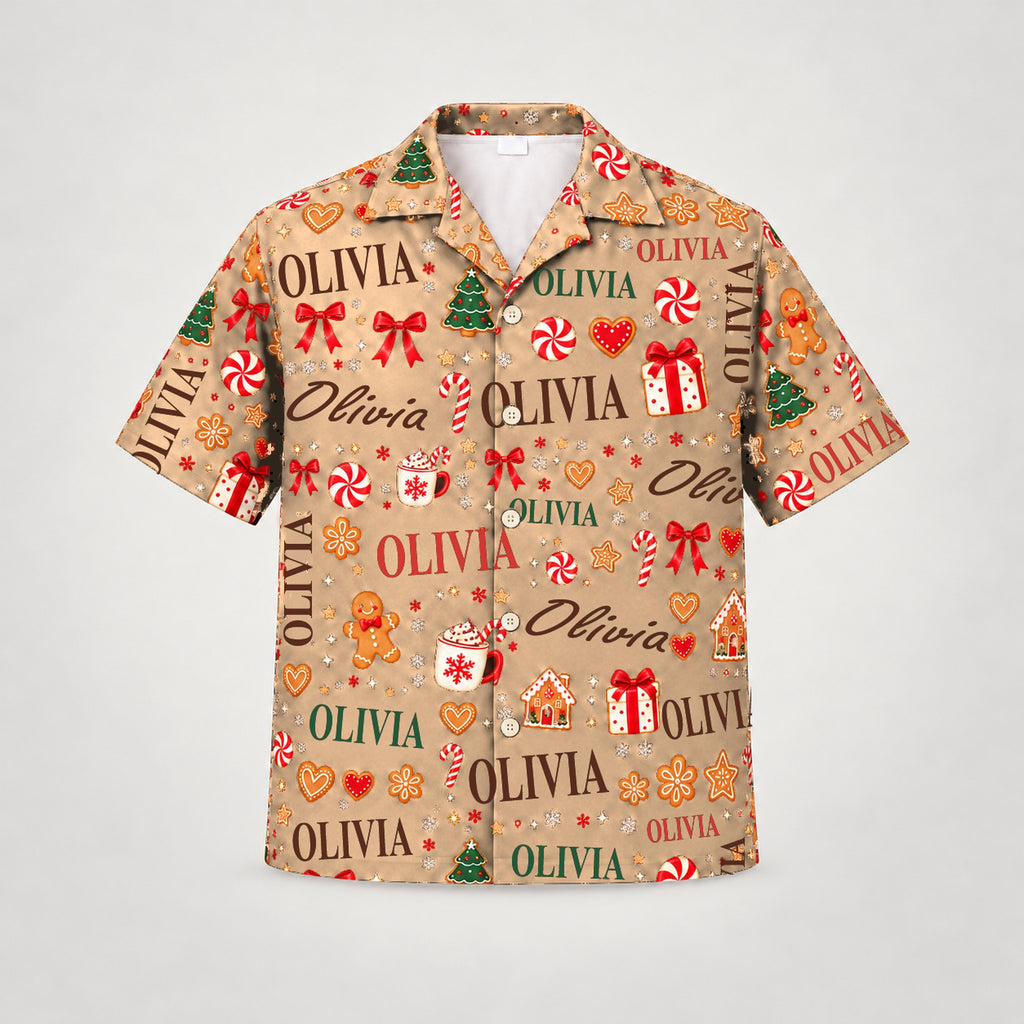 Design 1 Orange, custom name Christmas Hawaiian shirt (sample name OLIVIA)