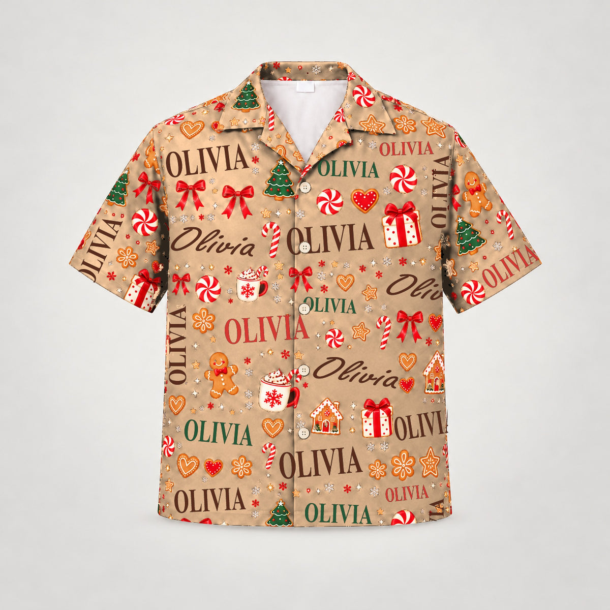 Design 1 Orange, custom name Christmas Hawaiian shirt (sample name OLIVIA)
