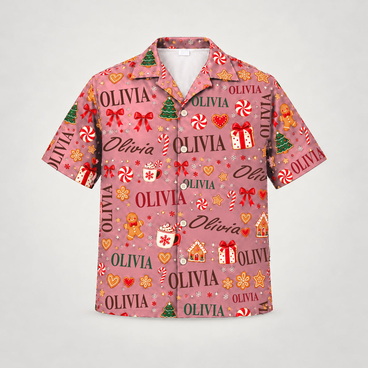 Design 1 Pink, custom name Christmas Hawaiian shirt (sample name OLIVIA)