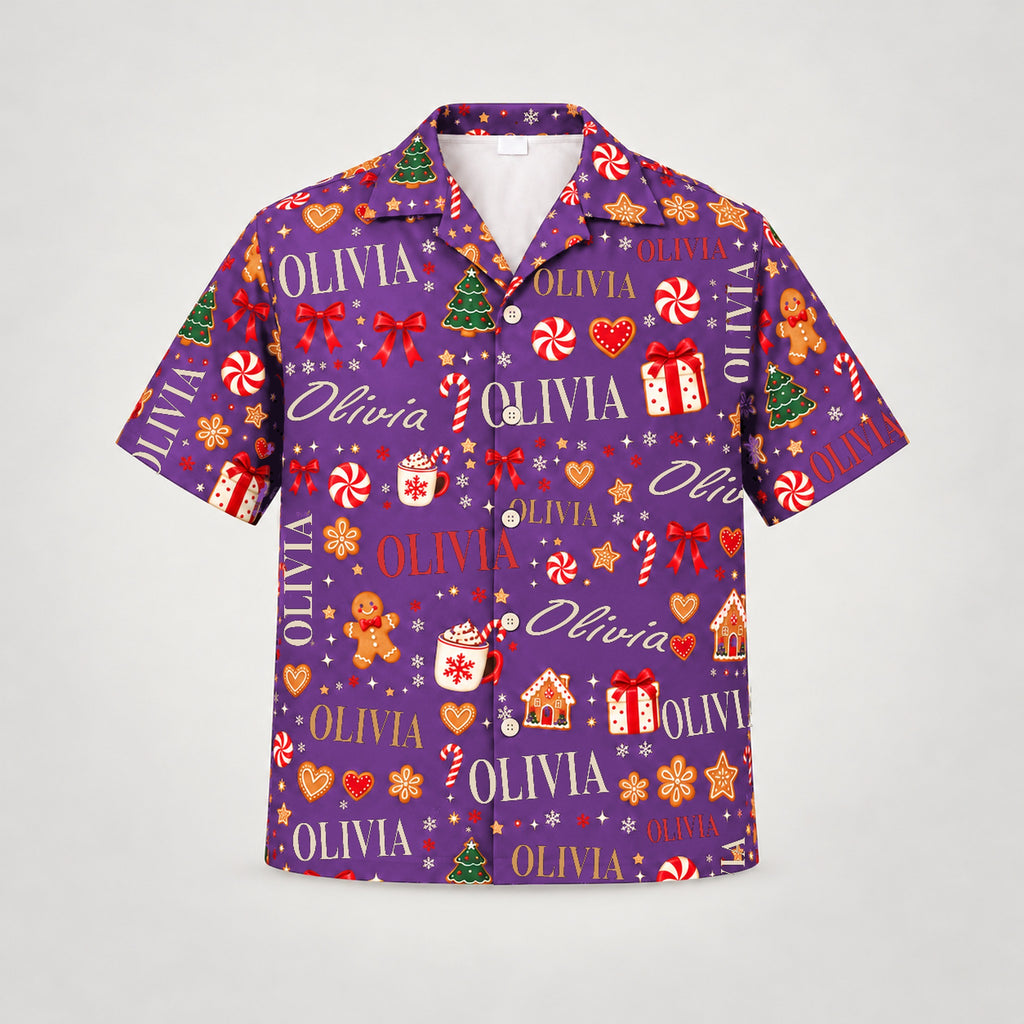 Design 1 Purple, custom name Christmas Hawaiian shirt (sample name OLIVIA)