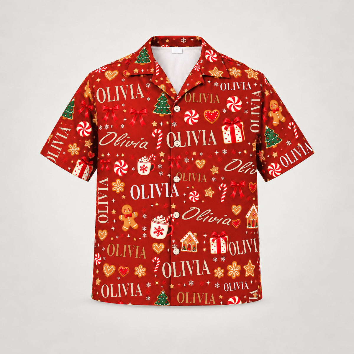 Design 1 Red, custom name Christmas Hawaiian shirt (sample name OLIVIA)