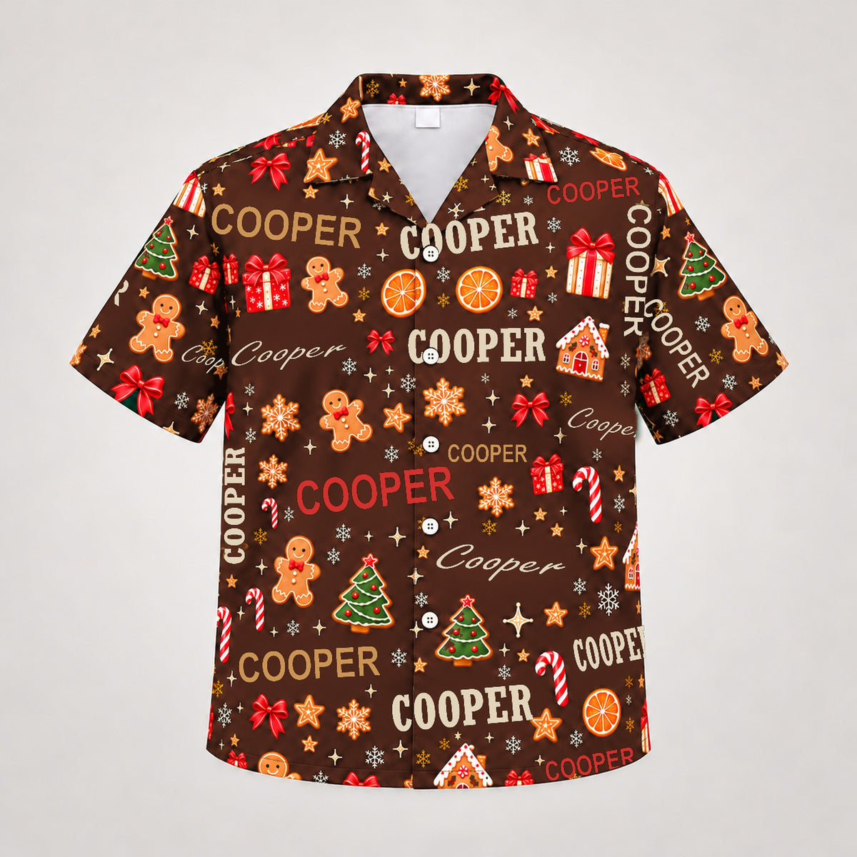Design 2 Brown, custom name Christmas Hawaiian shirt (sample name COOPER)