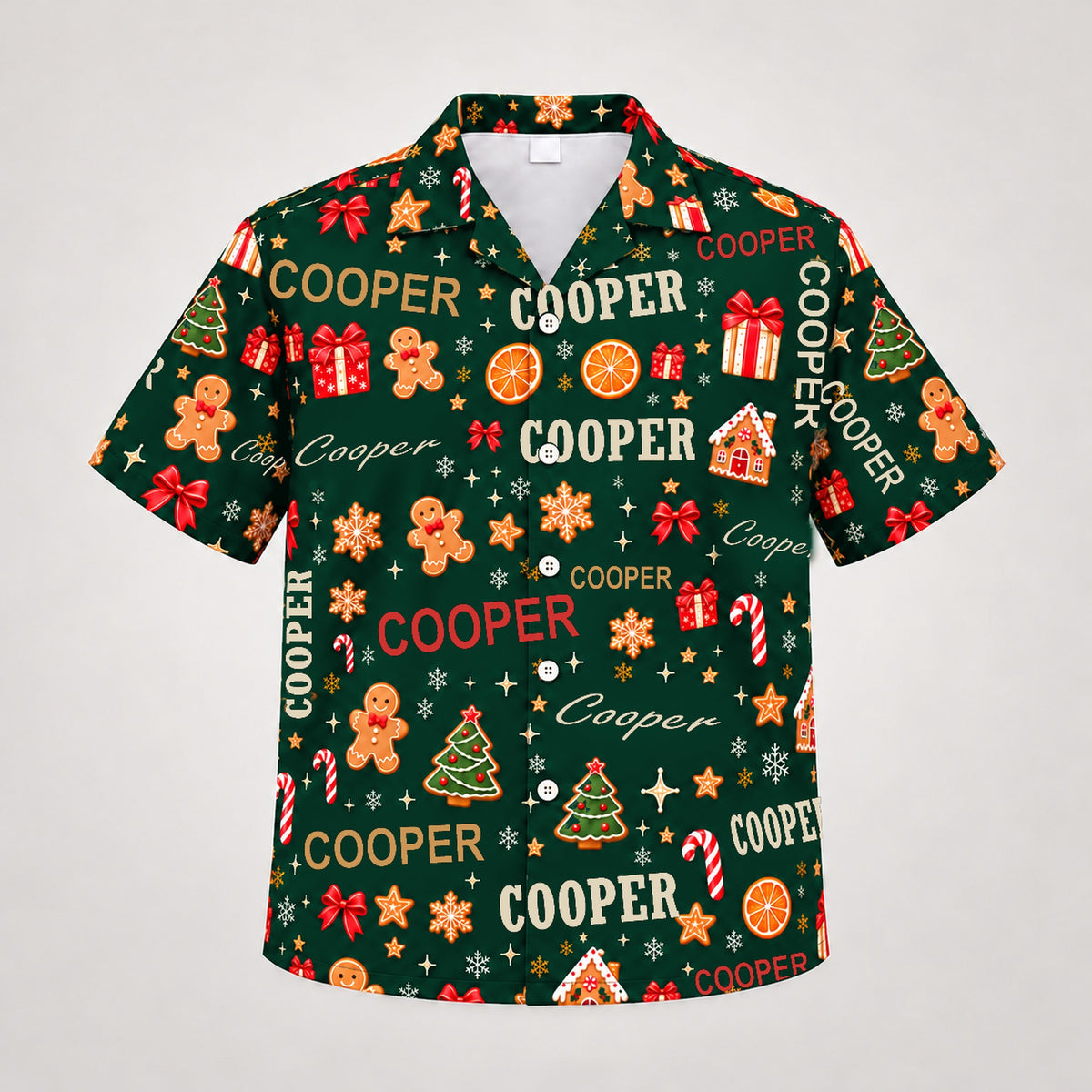 Design 2 Green, custom name Christmas Hawaiian shirt (sample name COOPER)