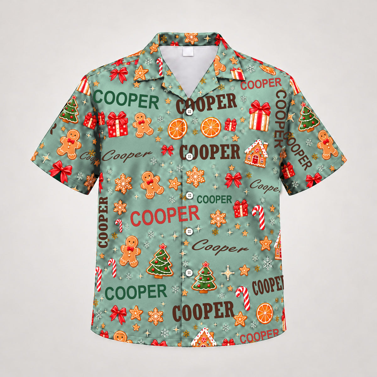 Design 2 Mint, custom name Christmas Hawaiian shirt (sample name COOPER)