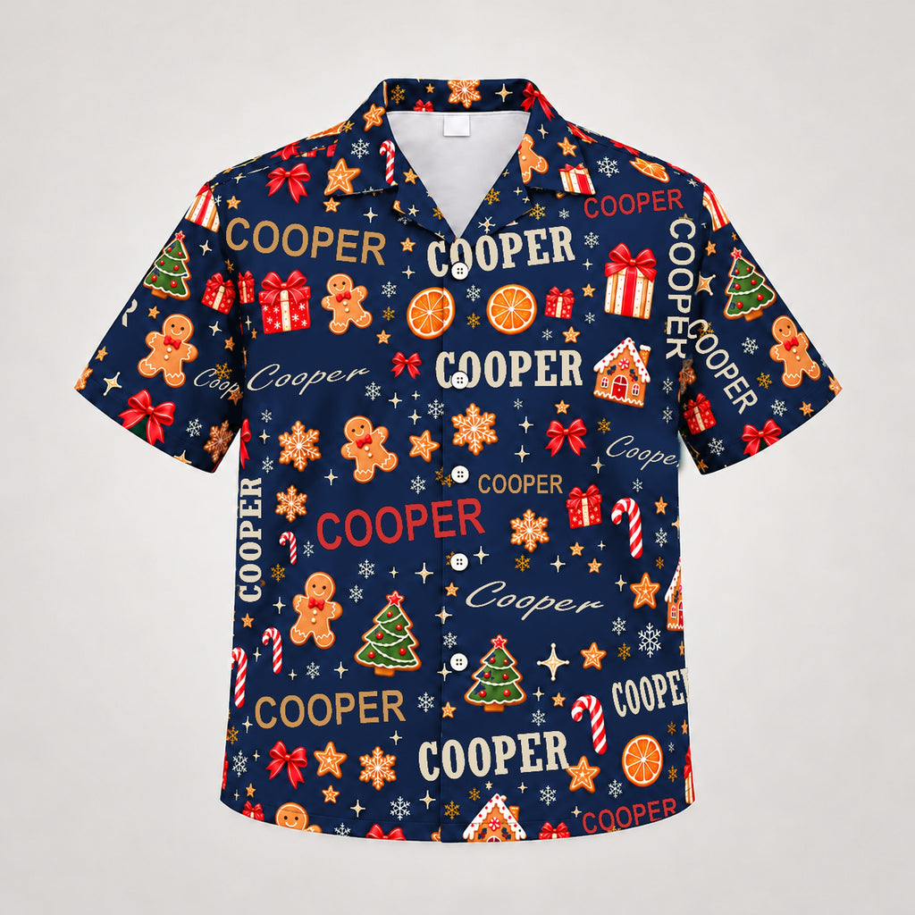 Design 2 Navy, custom name Christmas Hawaiian shirt (sample name COOPER)
