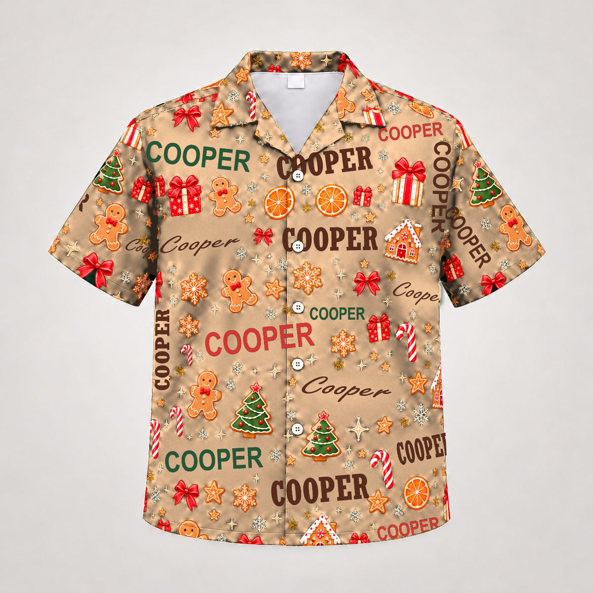 Design 2 Orange, custom name Christmas Hawaiian shirt (sample name COOPER)