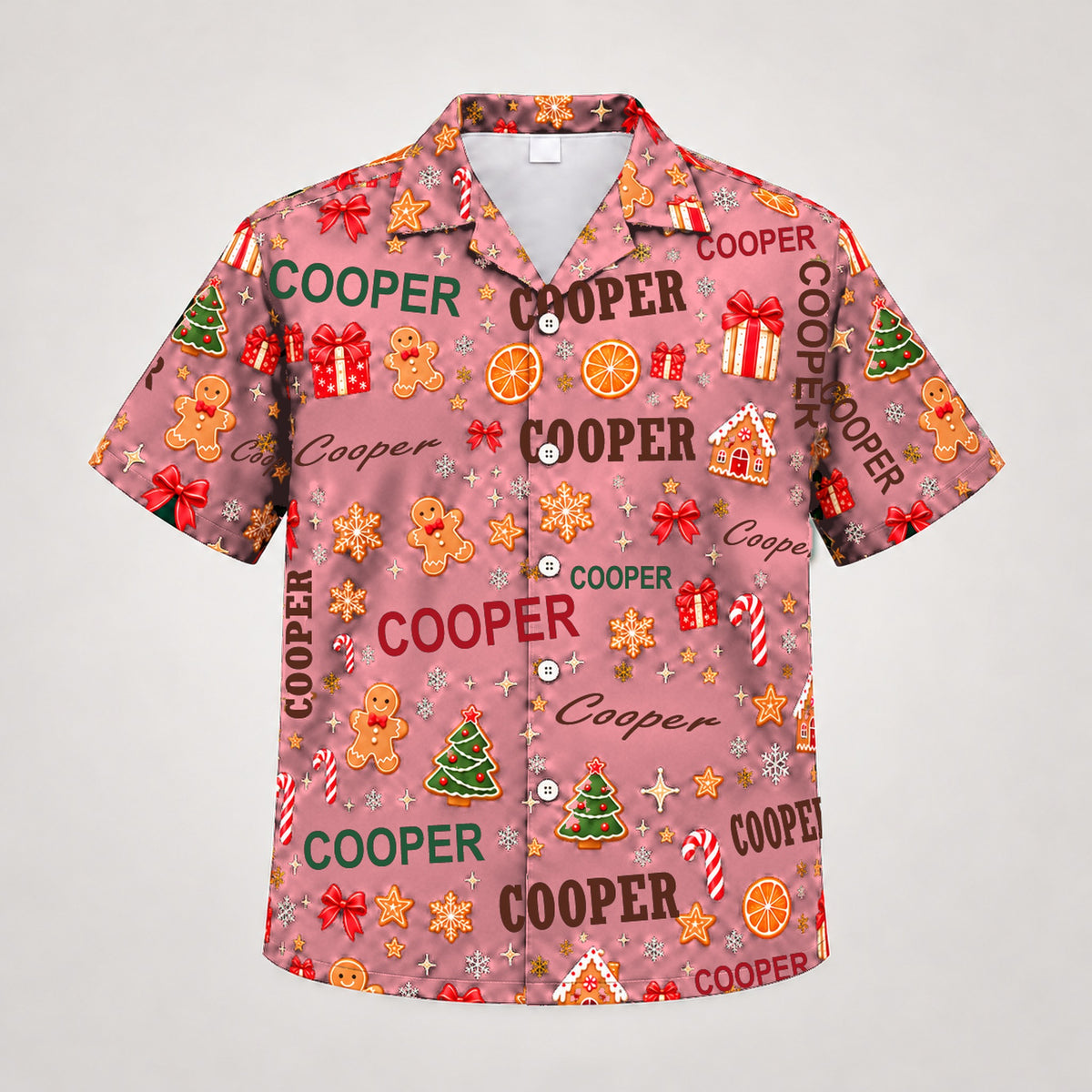 Design 2 Pink, custom name Christmas Hawaiian shirt (sample name COOPER)