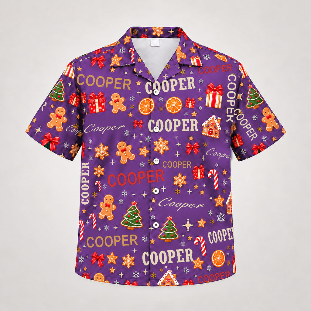 Design 2 Purple, custom name Christmas Hawaiian shirt (sample name COOPER)