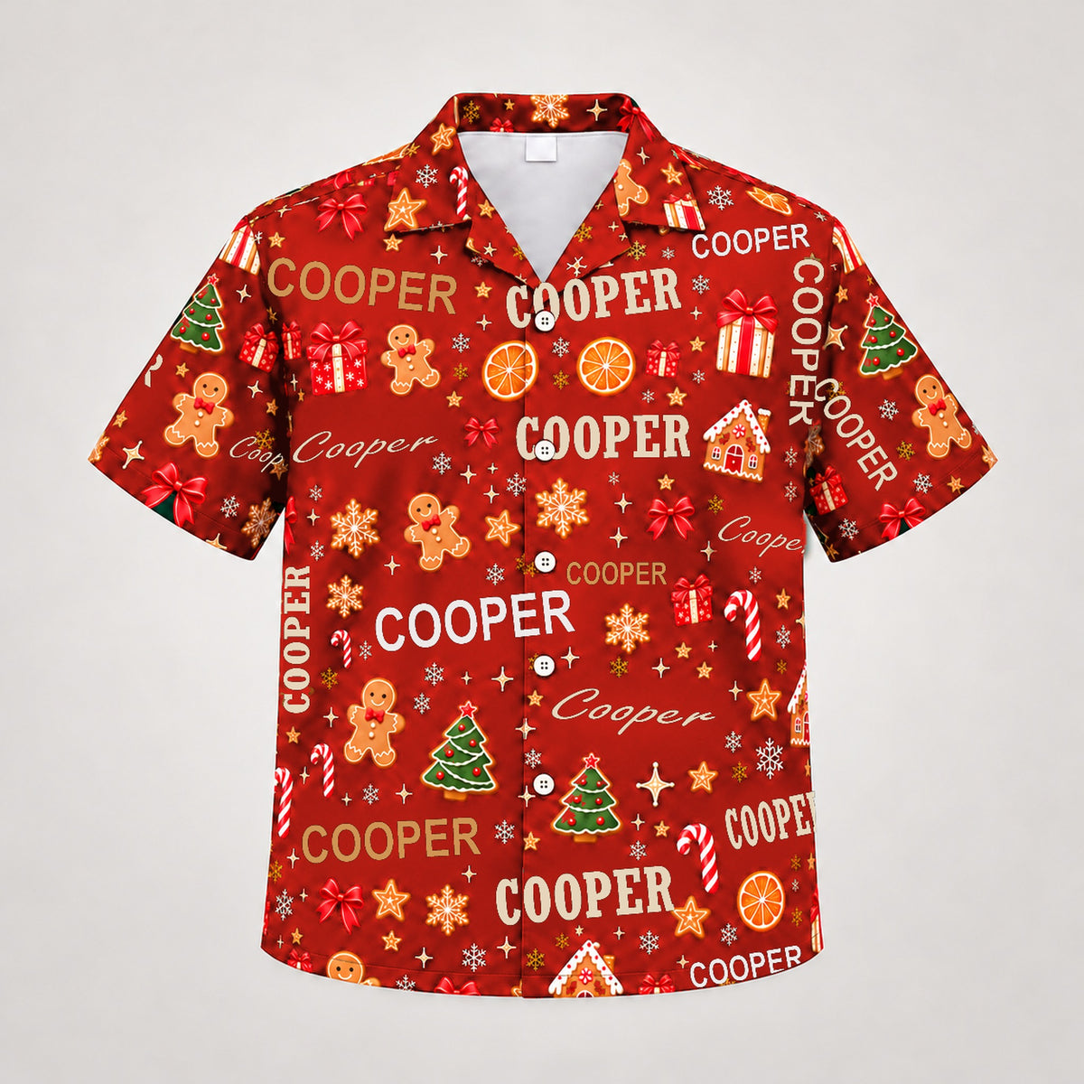 Design 2 Red, custom name Christmas Hawaiian shirt (sample name COOPER)