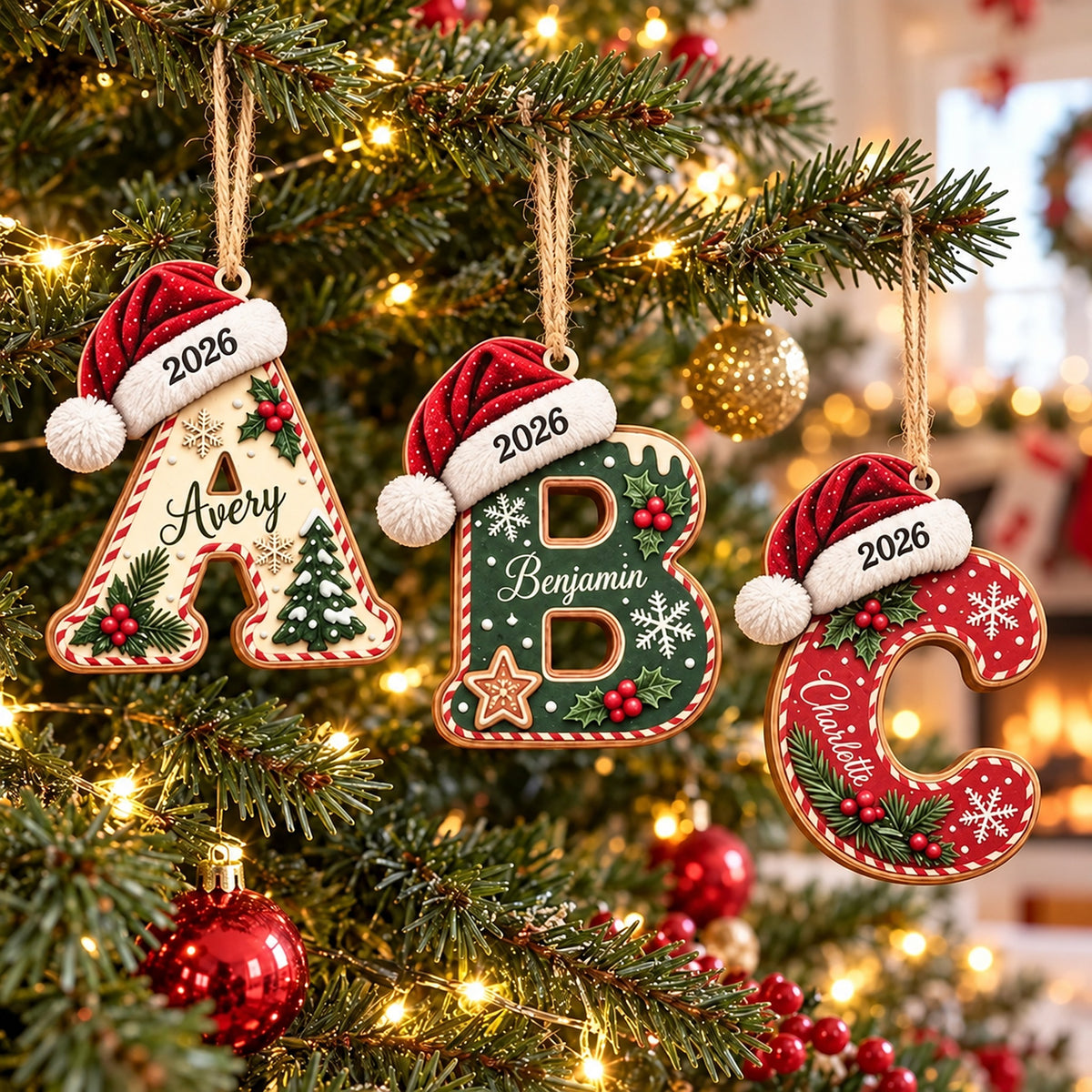 Personalized initial Christmas ornaments A, B and C with names hanging on a Christmas tree