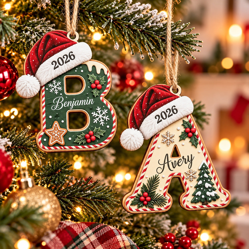 Initial ornaments B and A with names on a Christmas tree