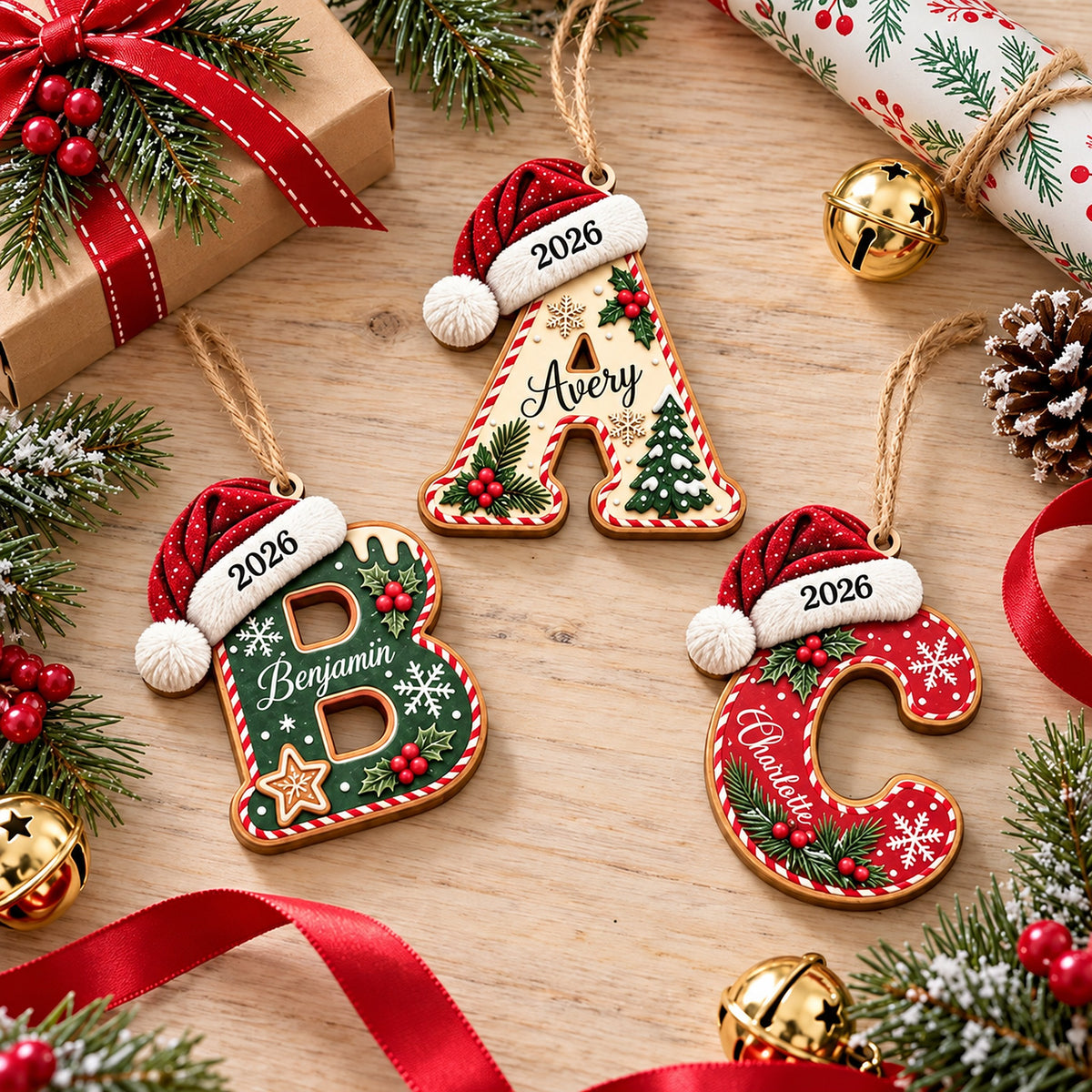 Three wooden initial ornaments with Santa hats and 2026, flat lay